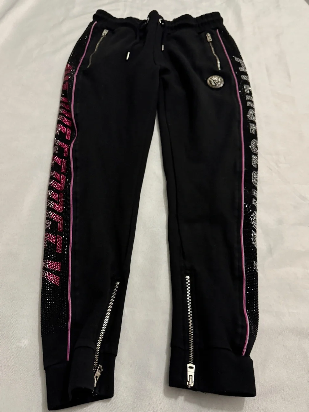 Avenue George V Paris Pink & Silver Rhinestone Jogger Sweatpants Bling Size L - Picture 8 of 14